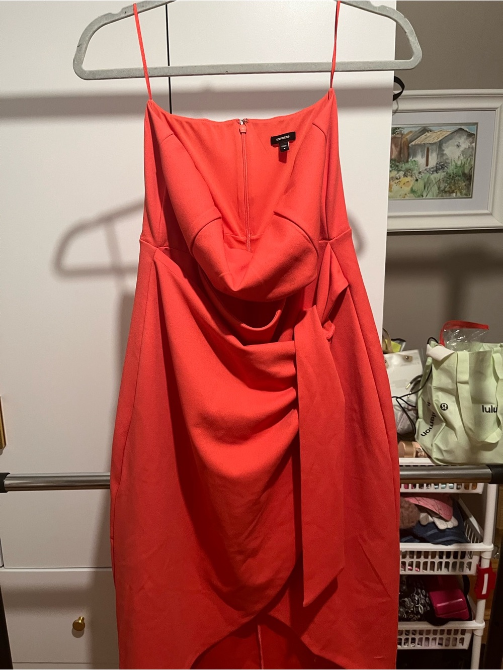 Express Coral Strapless Draped Cocktail Dress